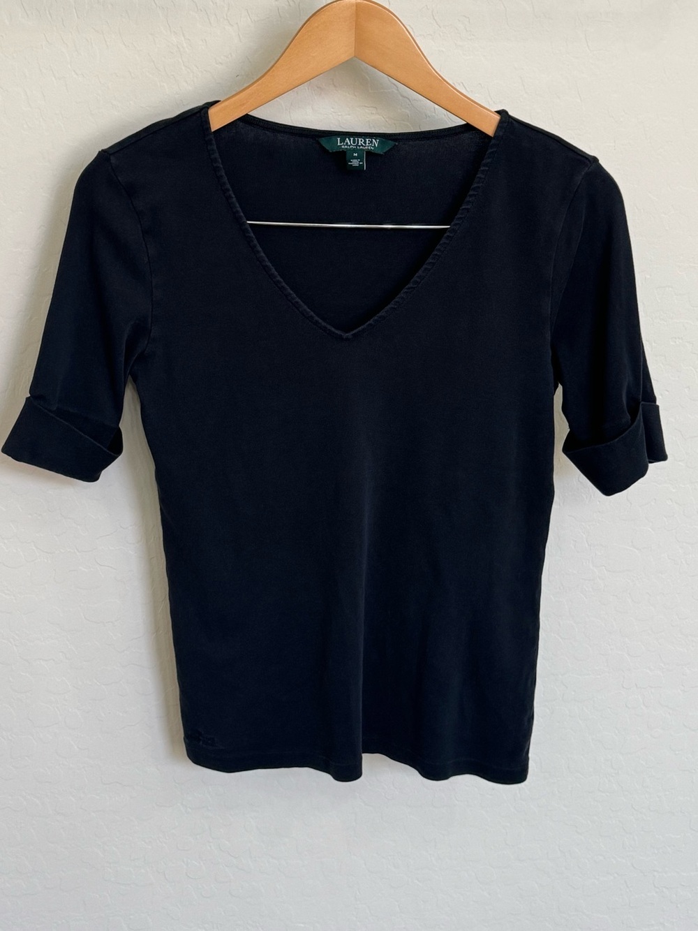 Lauren Ralph Lauren Black V-Neck Cuffed Sleeve Top Size M
